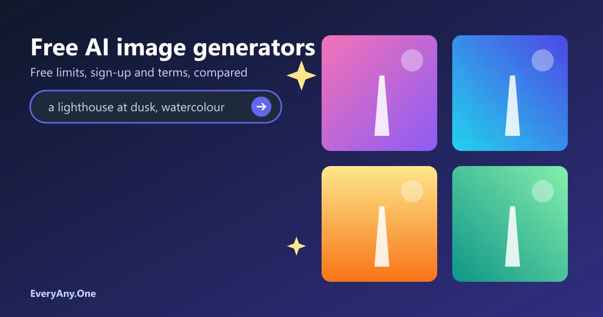 Illustration of a text prompt producing four generated images of a lighthouse in different colour palettes