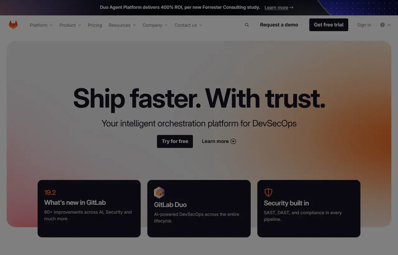 GitLab homepage, showing how the product presents itself