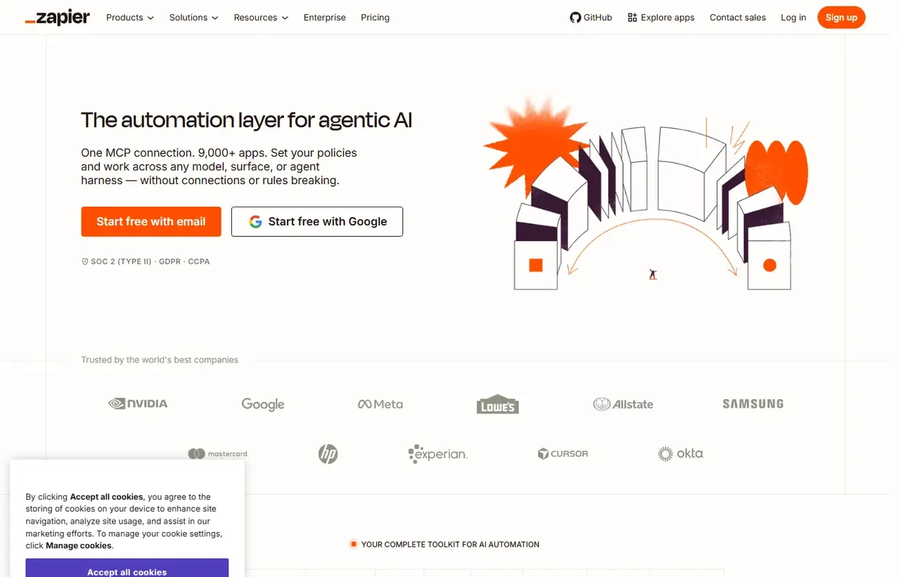 Zapier homepage, showing how the product presents itself