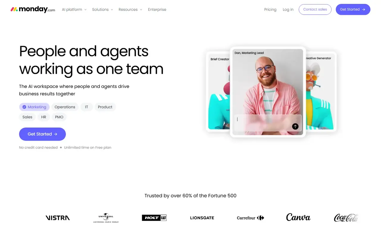 monday.com homepage, showing how the product presents itself