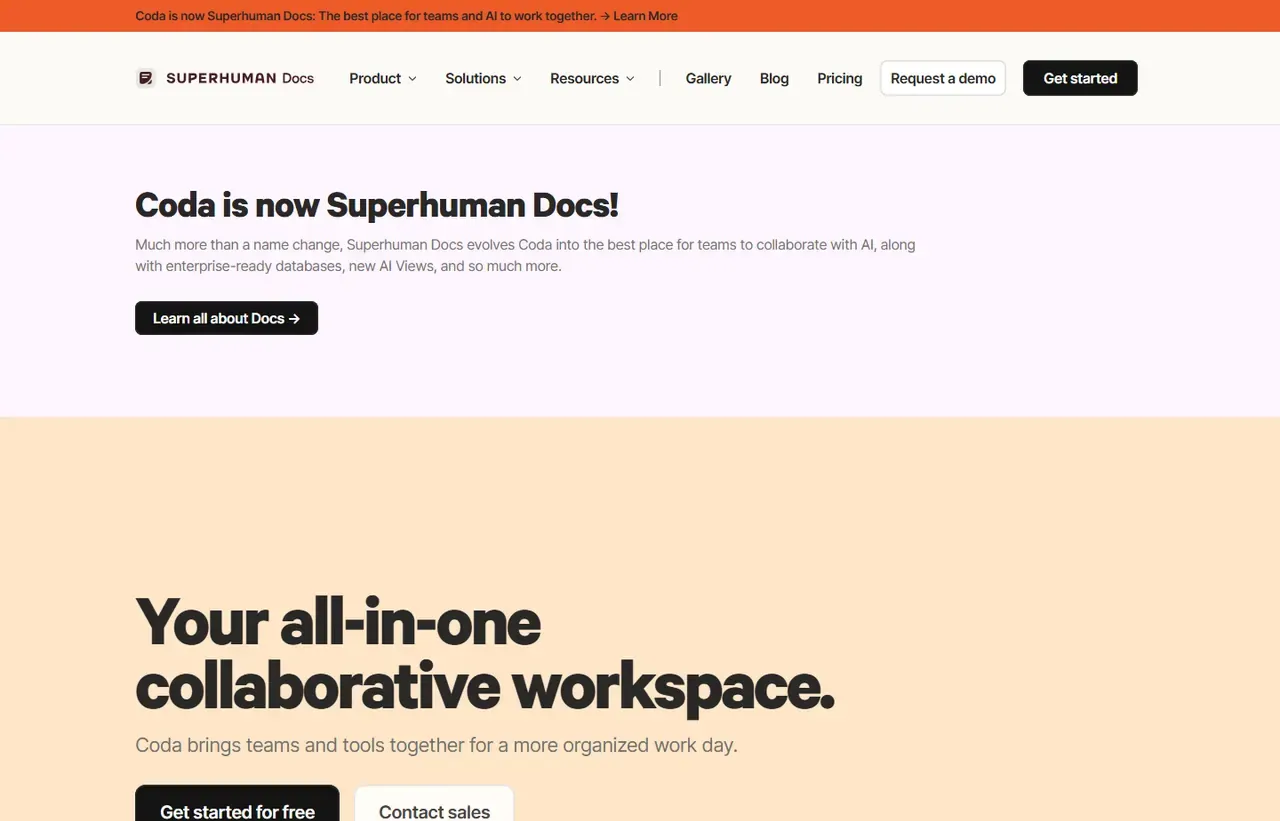 Coda homepage, showing how the product presents itself