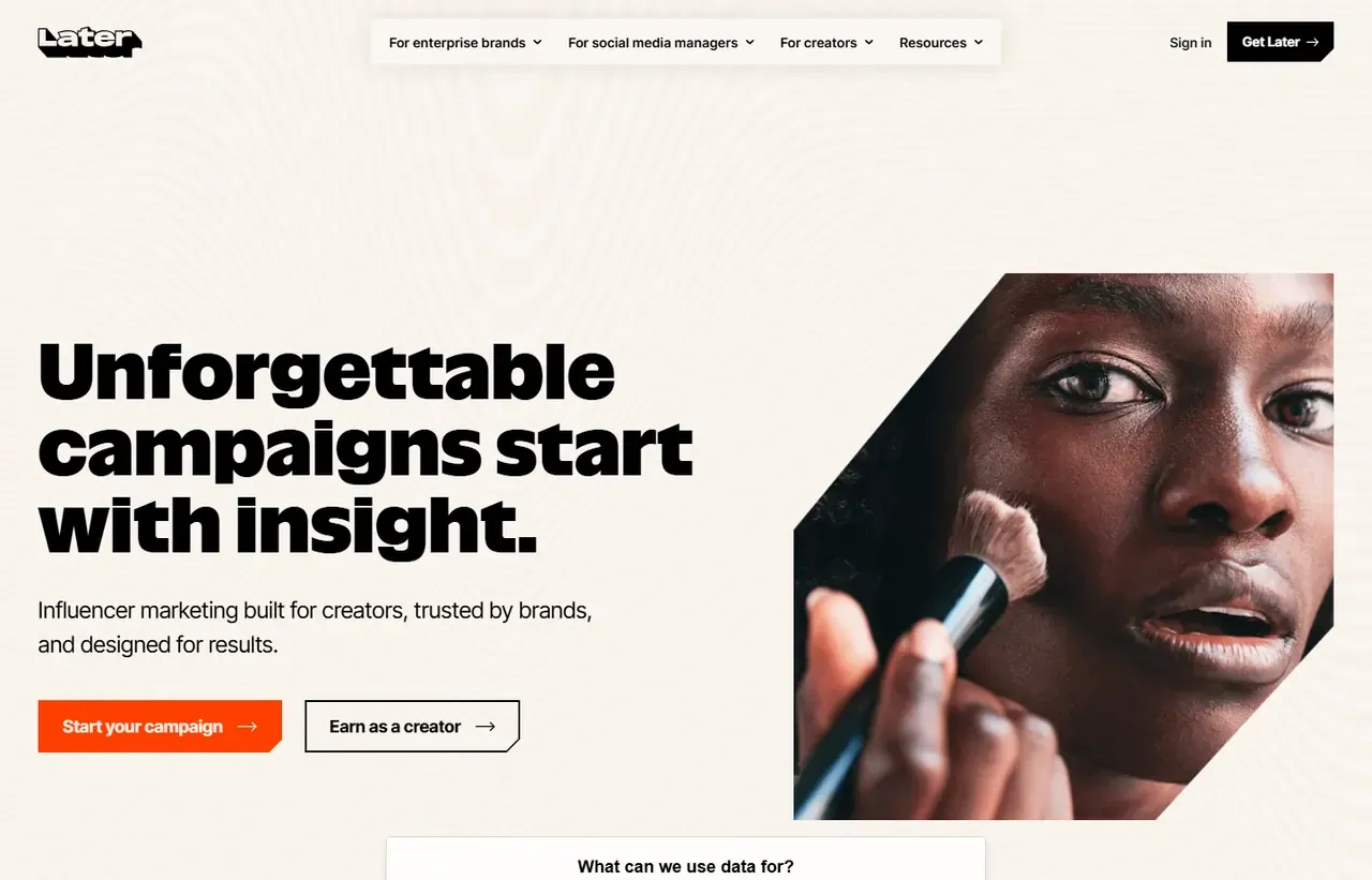 Later homepage, showing how the product presents itself