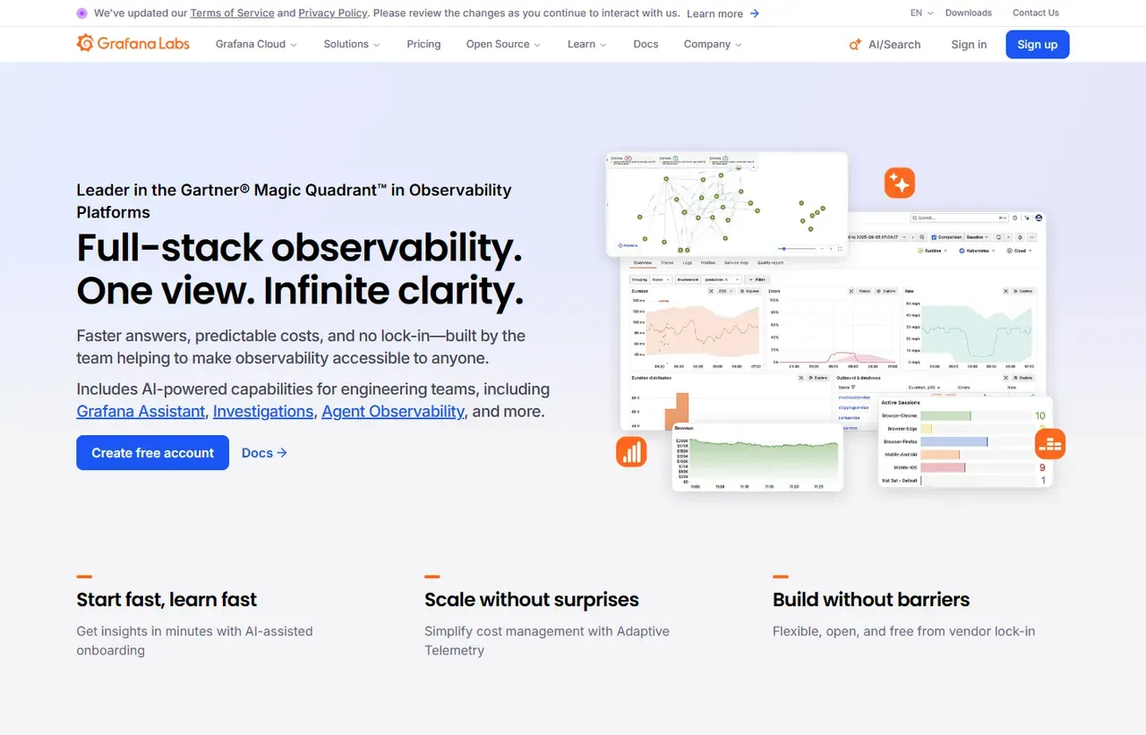 Grafana Cloud homepage, showing how the product presents itself
