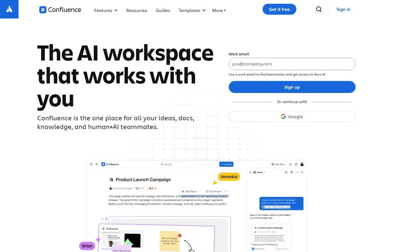 Confluence homepage, showing how the product presents itself