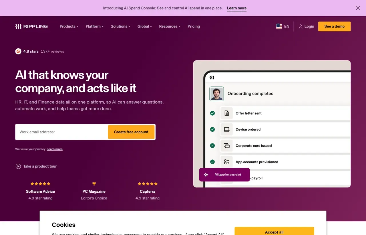Rippling homepage, showing how the product presents itself