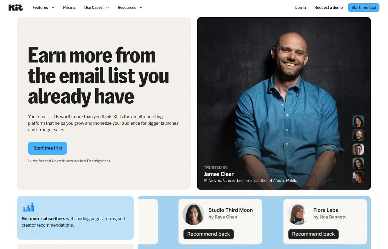 Kit homepage, showing how the product presents itself