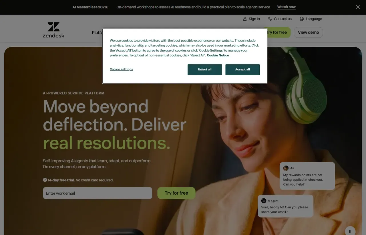 Zendesk homepage, showing how the product presents itself