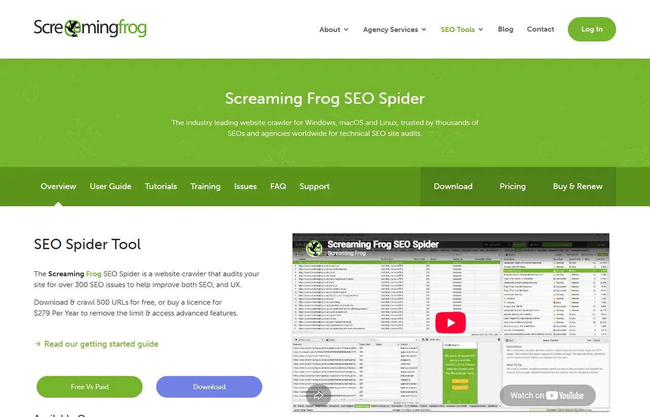 Screaming Frog SEO Spider homepage, showing how the product presents itself