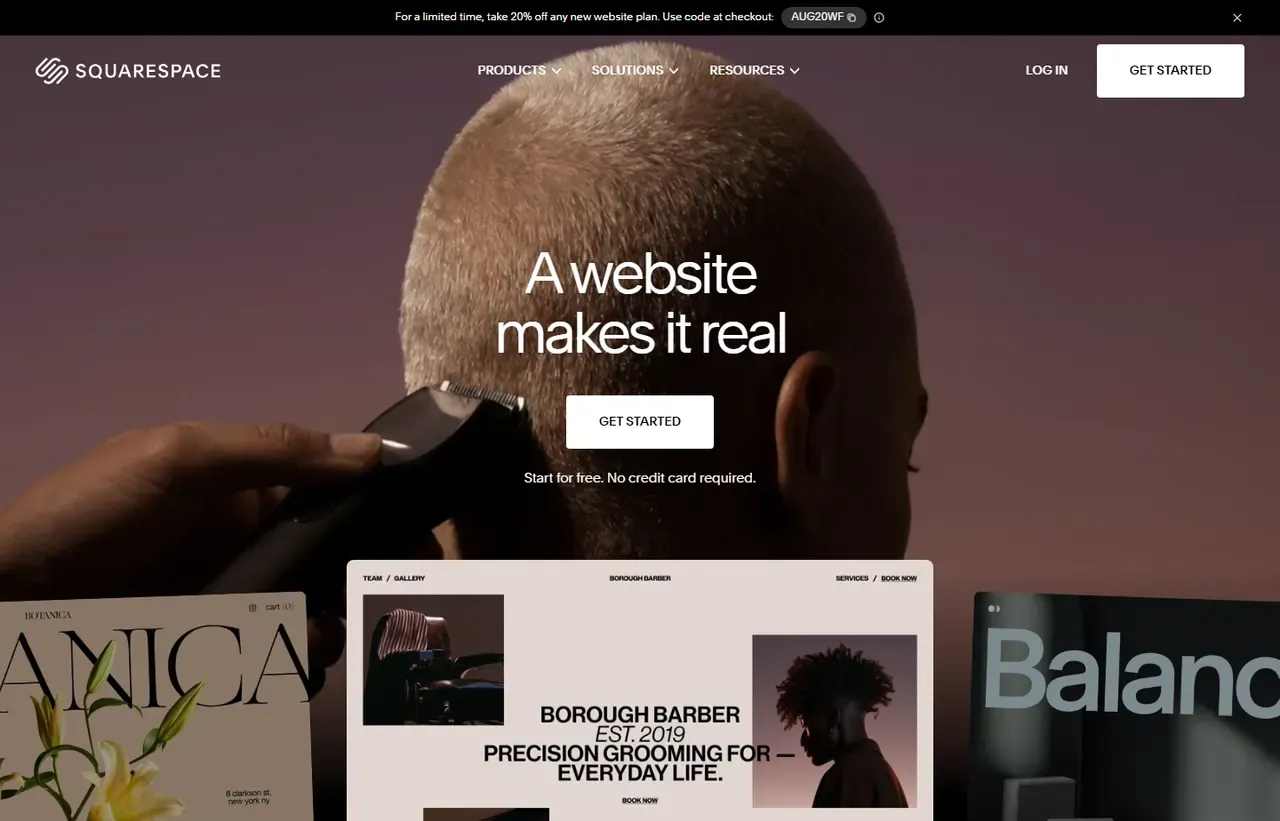 Squarespace homepage, showing how the product presents itself