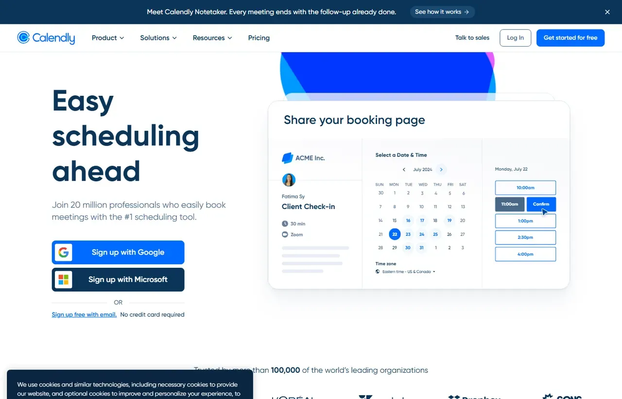 Calendly homepage, showing how the product presents itself