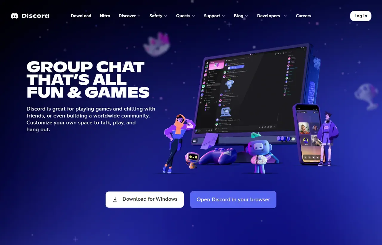 Discord homepage, showing how the product presents itself