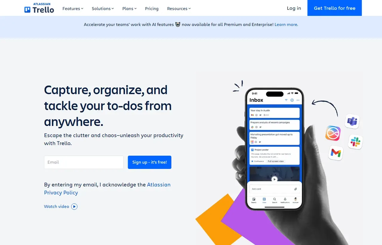 Trello homepage, showing how the product presents itself