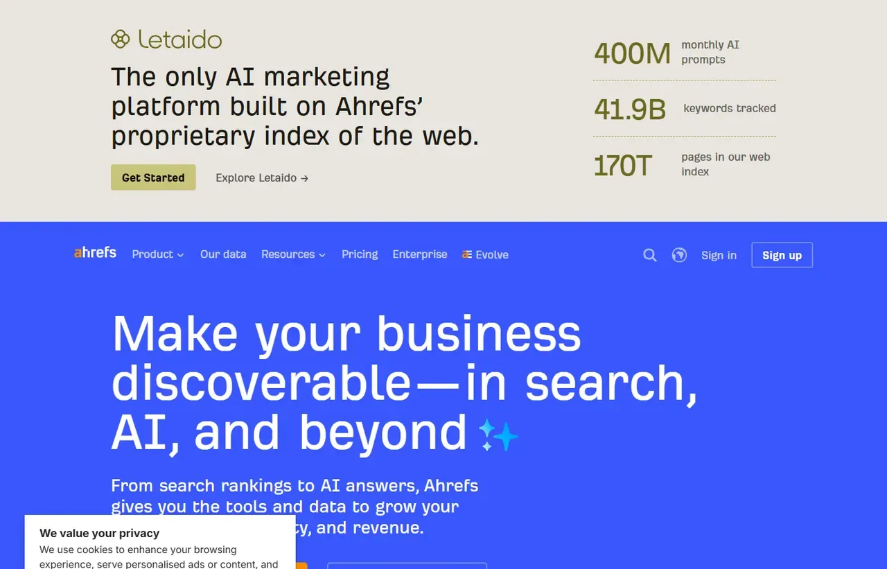 Ahrefs homepage, showing how the product presents itself