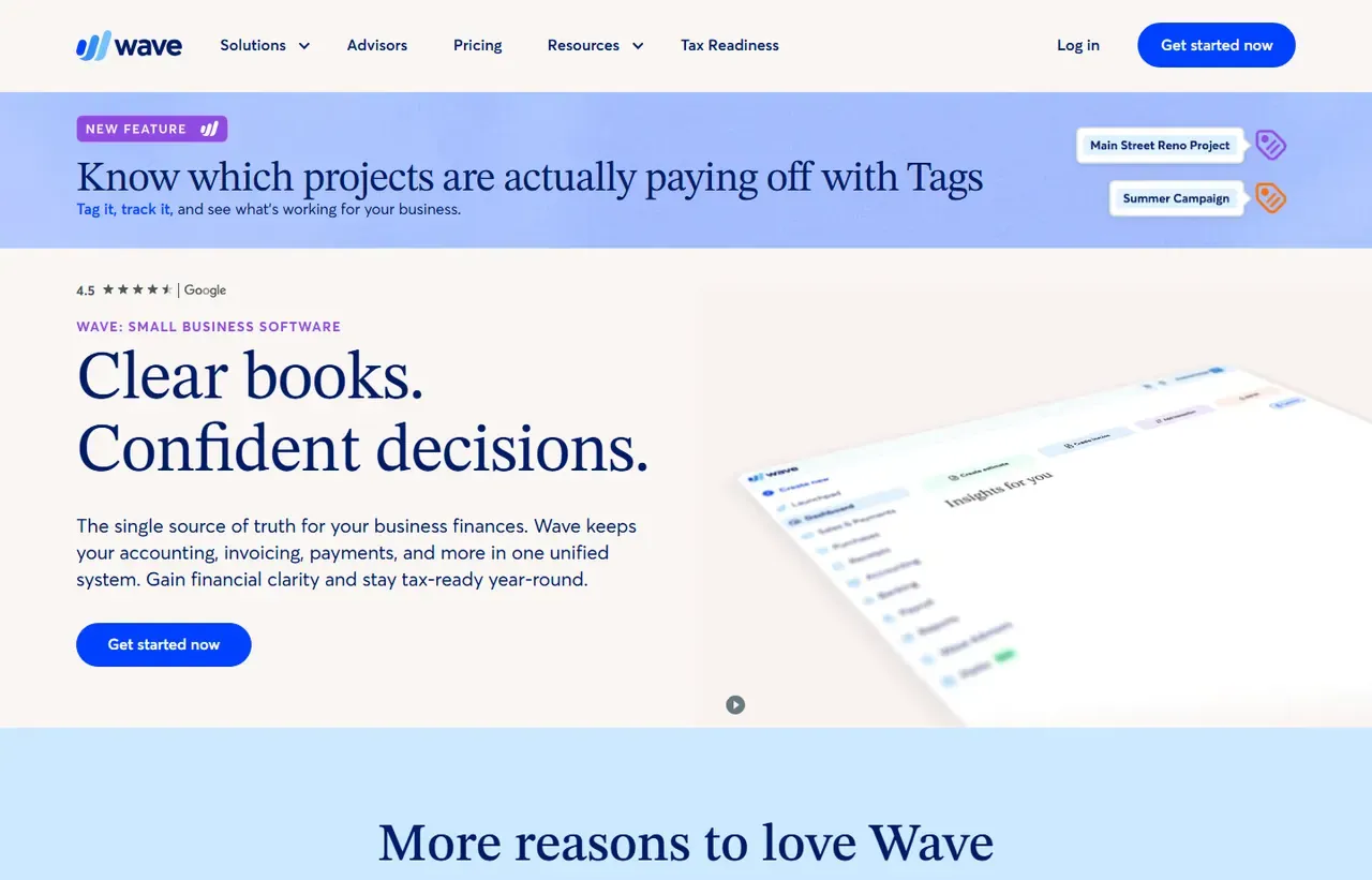Wave homepage, showing how the product presents itself