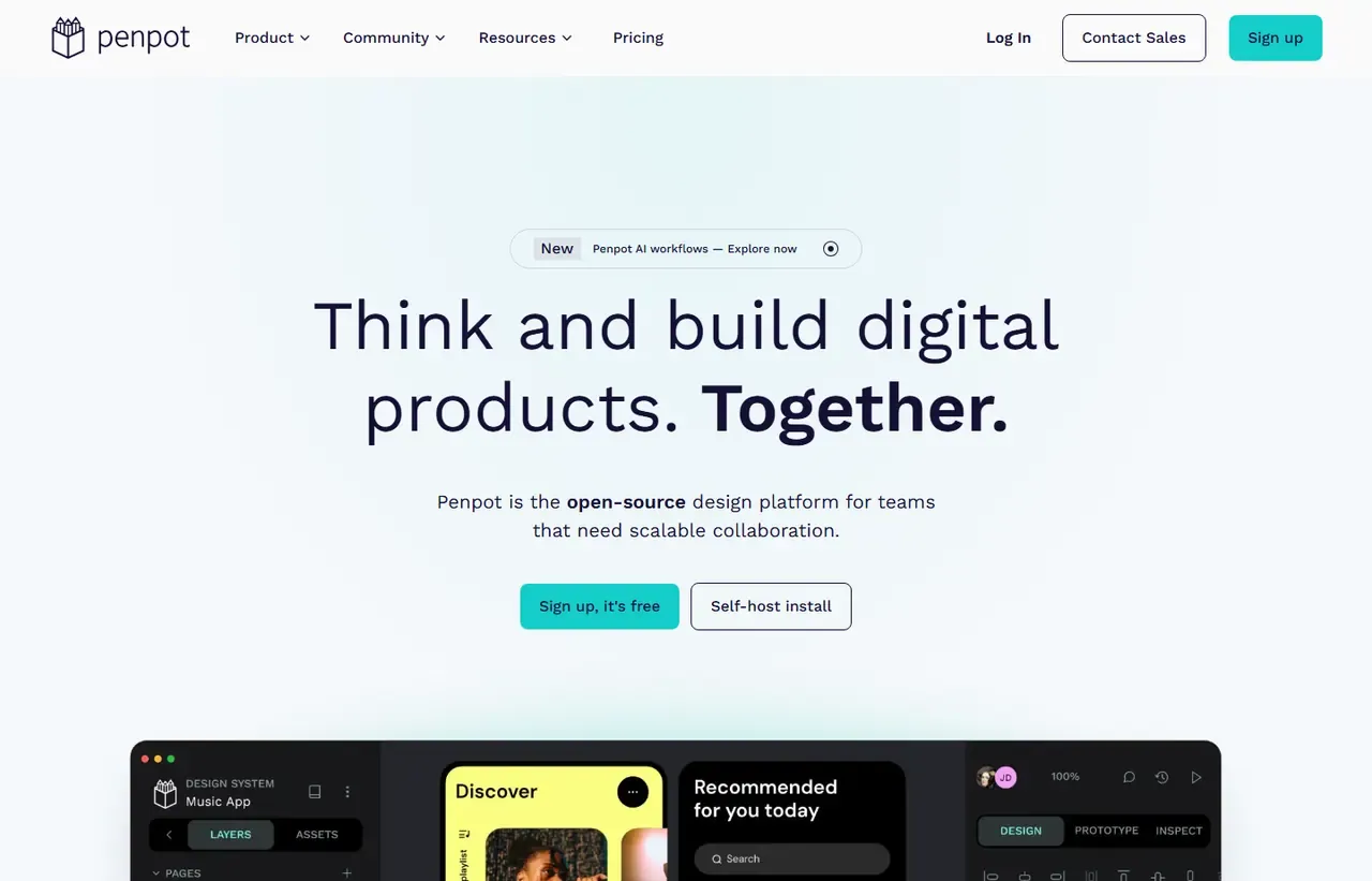 Penpot homepage, showing how the product presents itself