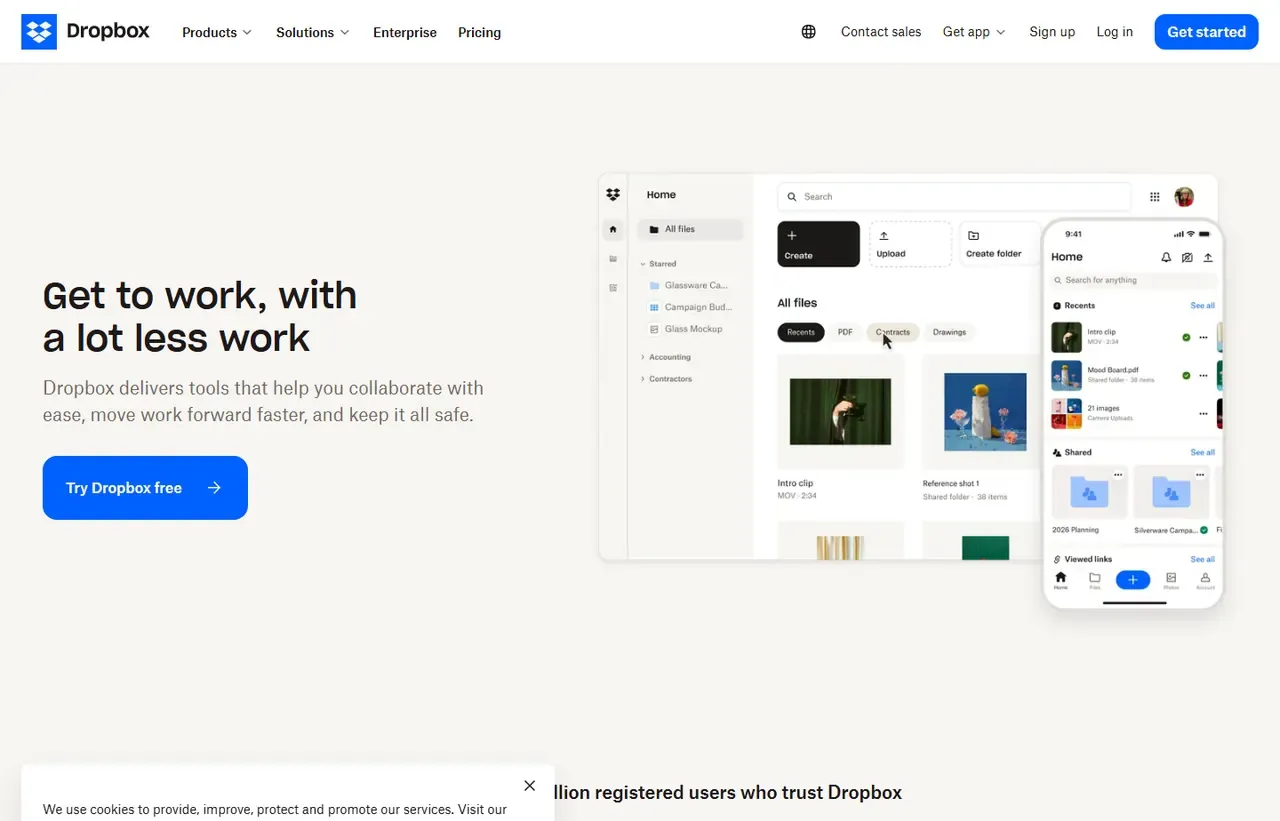 Dropbox homepage, showing how the product presents itself