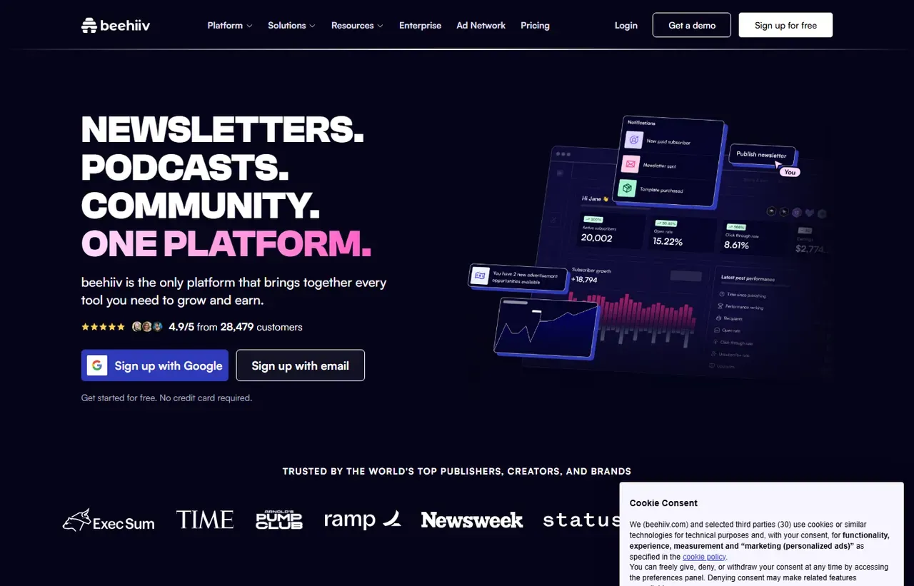 beehiiv homepage, showing how the product presents itself