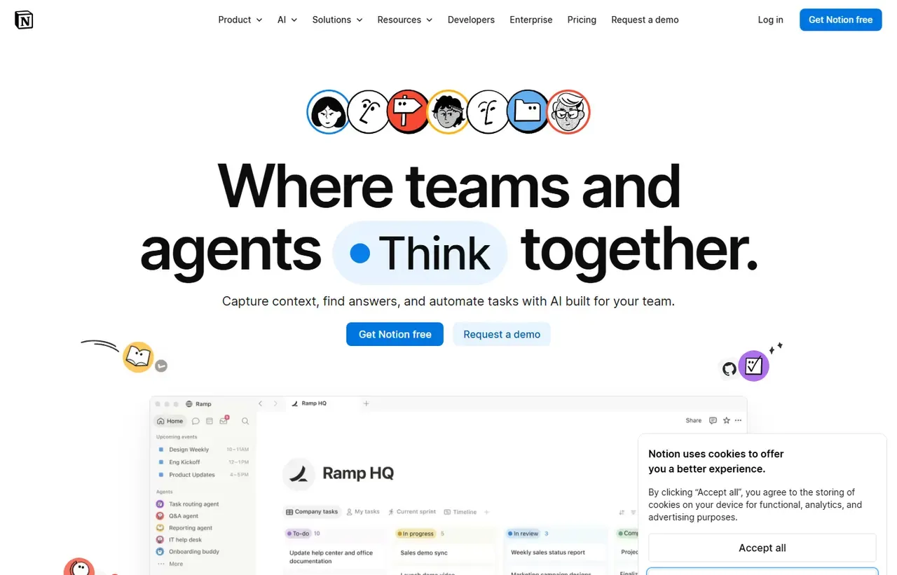 Notion homepage, showing how the product presents itself