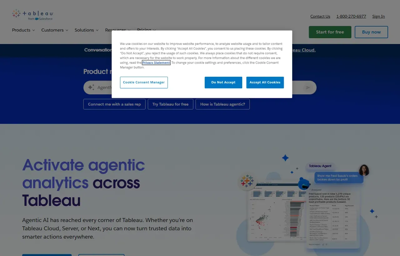 Tableau homepage, showing how the product presents itself