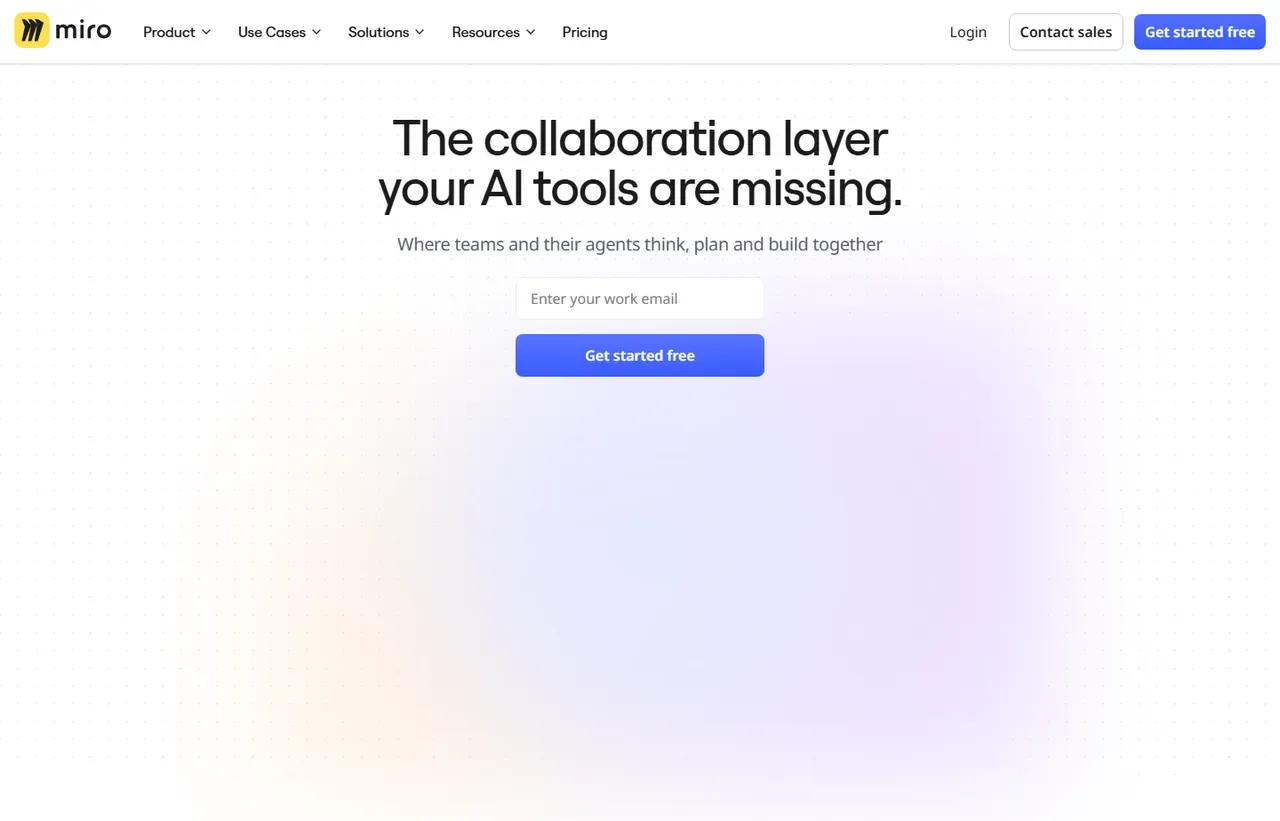 Miro homepage, showing how the product presents itself