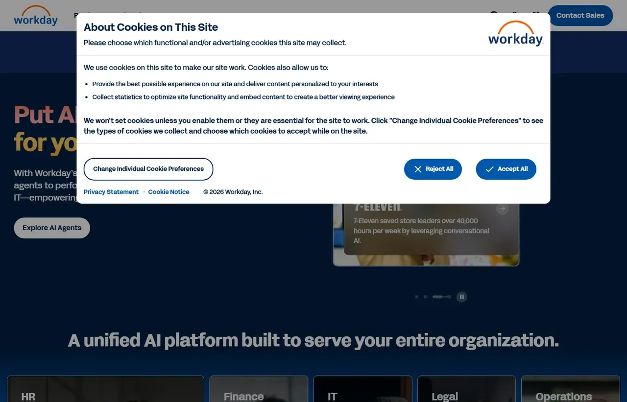 Workday homepage, showing how the product presents itself