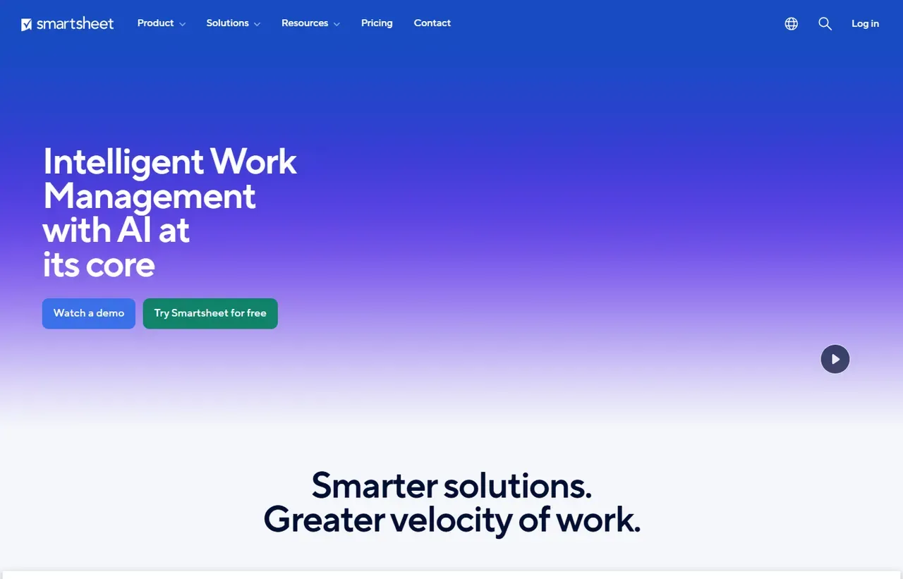 Smartsheet homepage, showing how the product presents itself