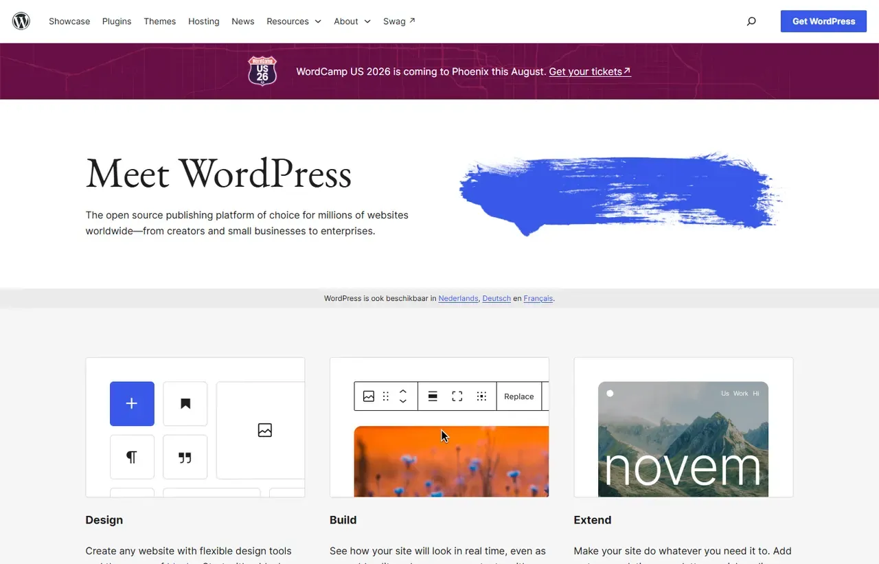 WordPress homepage, showing how the product presents itself