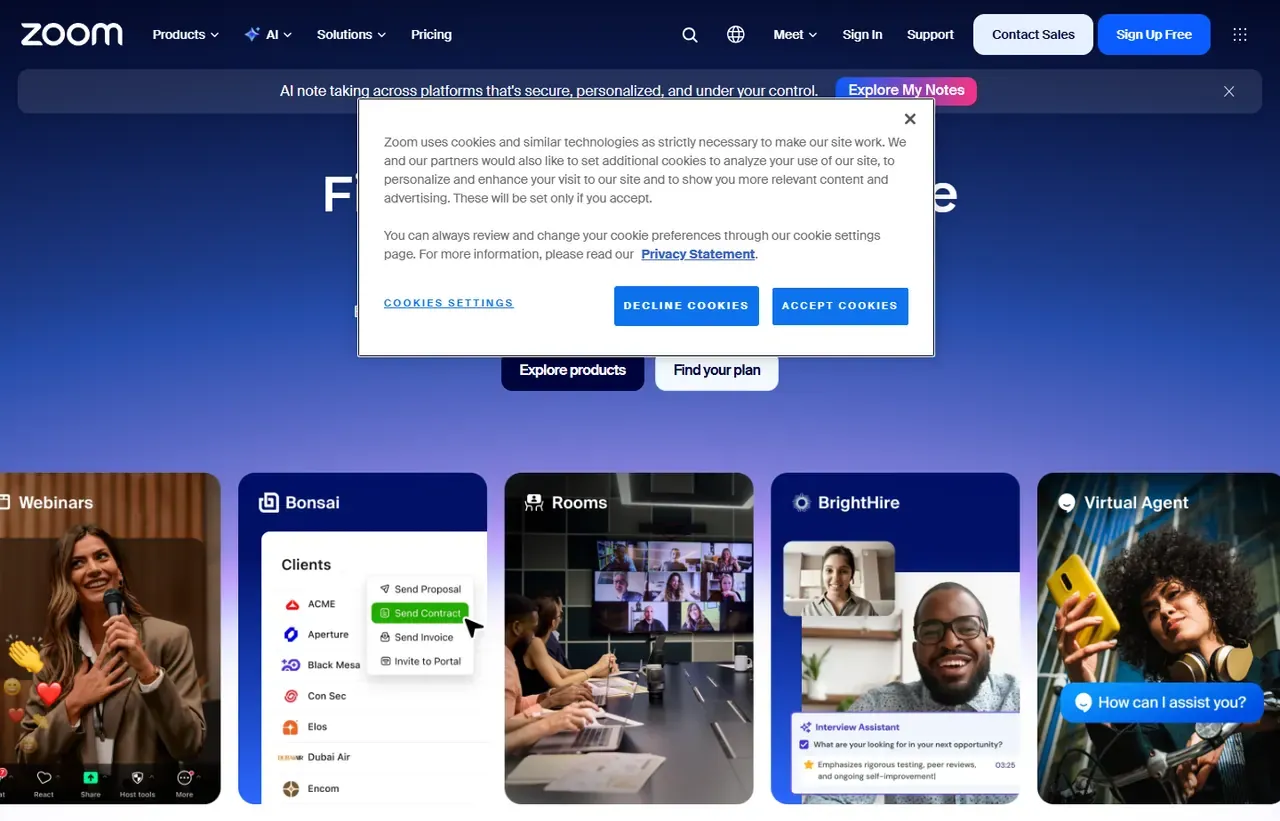 Zoom homepage, showing how the product presents itself