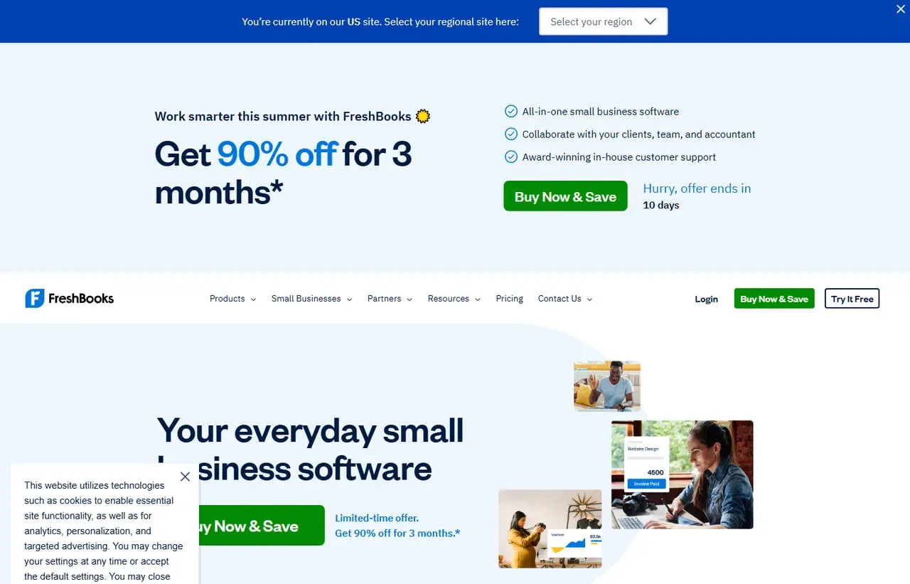 FreshBooks homepage, showing how the product presents itself