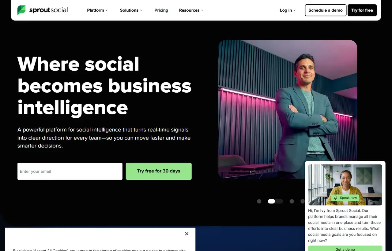 Sprout Social homepage, showing how the product presents itself