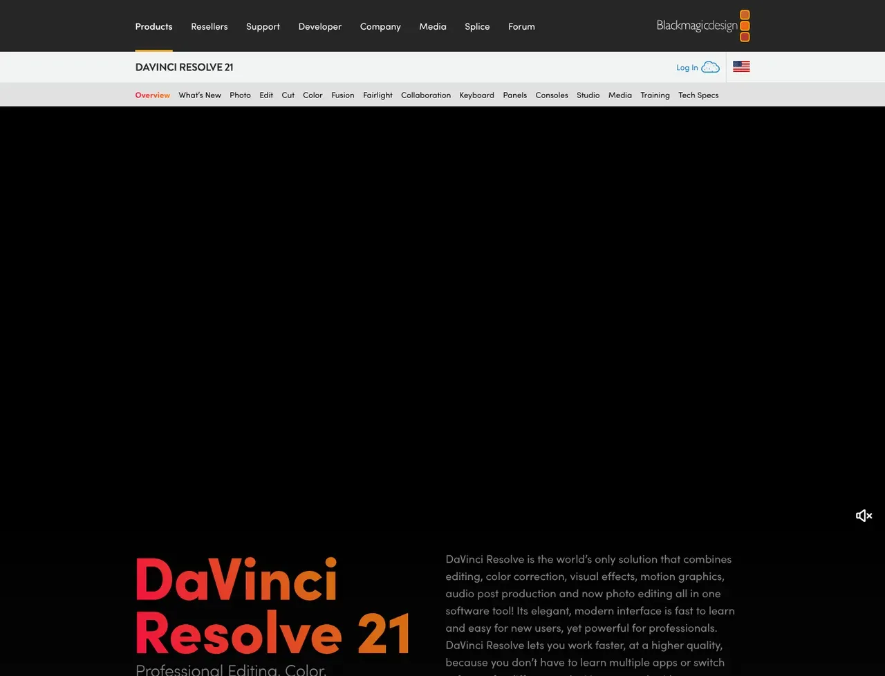 DaVinci Resolve homepage, showing how the product presents itself
