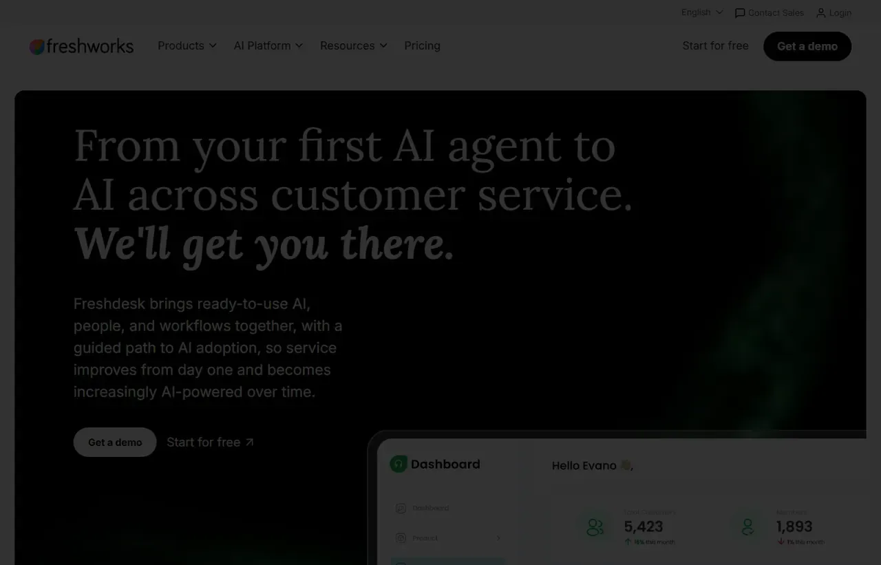 Freshdesk homepage, showing how the product presents itself