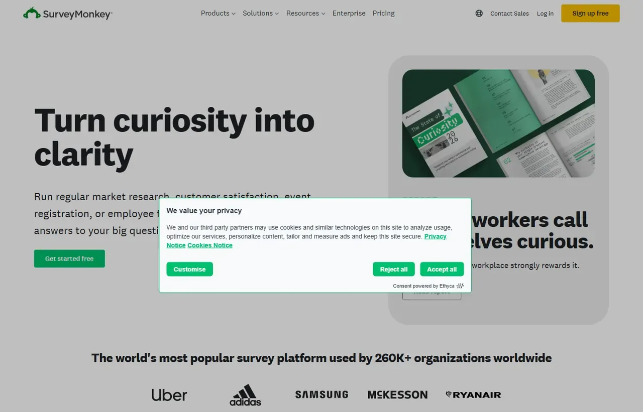 SurveyMonkey homepage, showing how the product presents itself