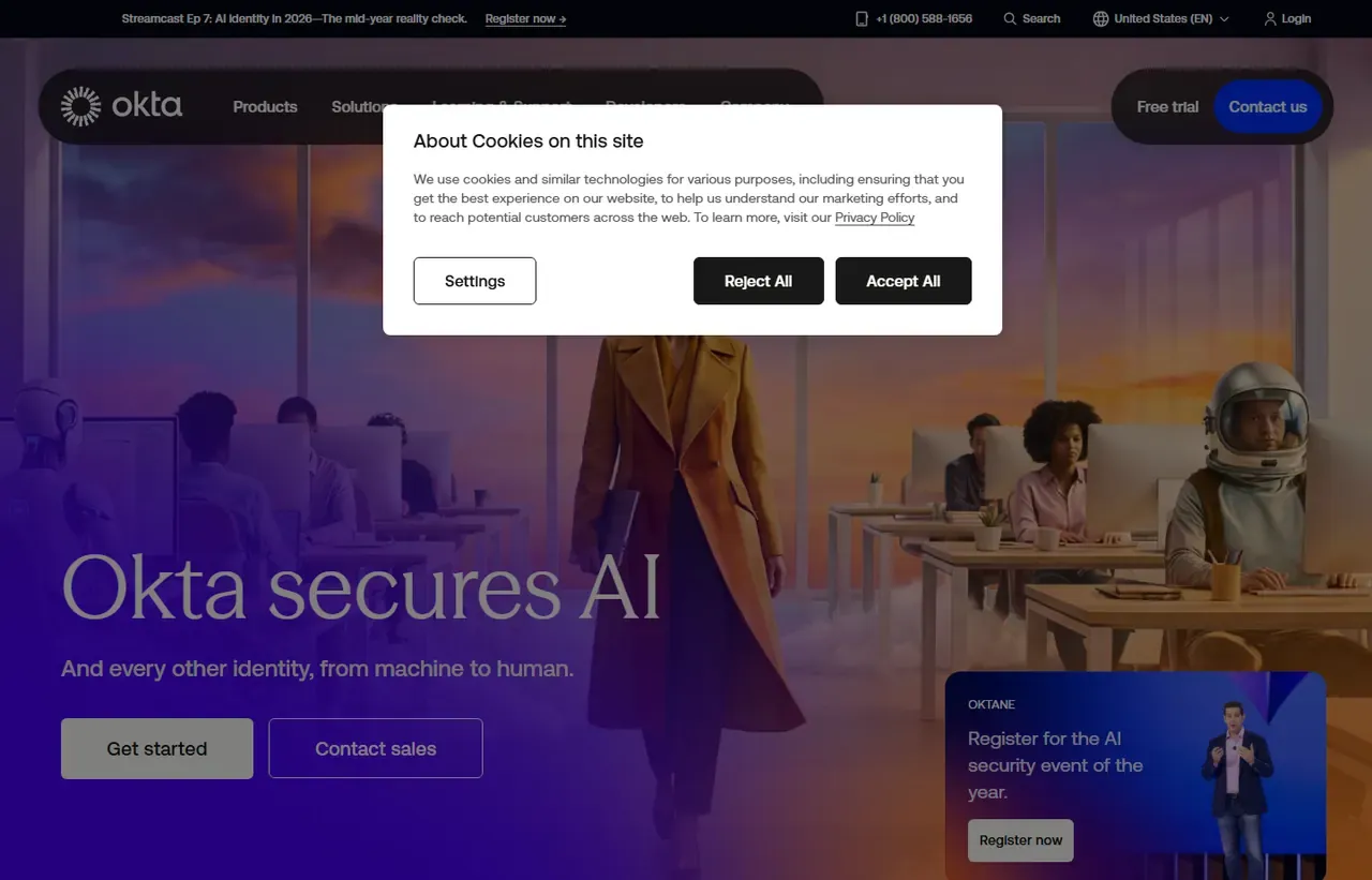 Okta homepage, showing how the product presents itself
