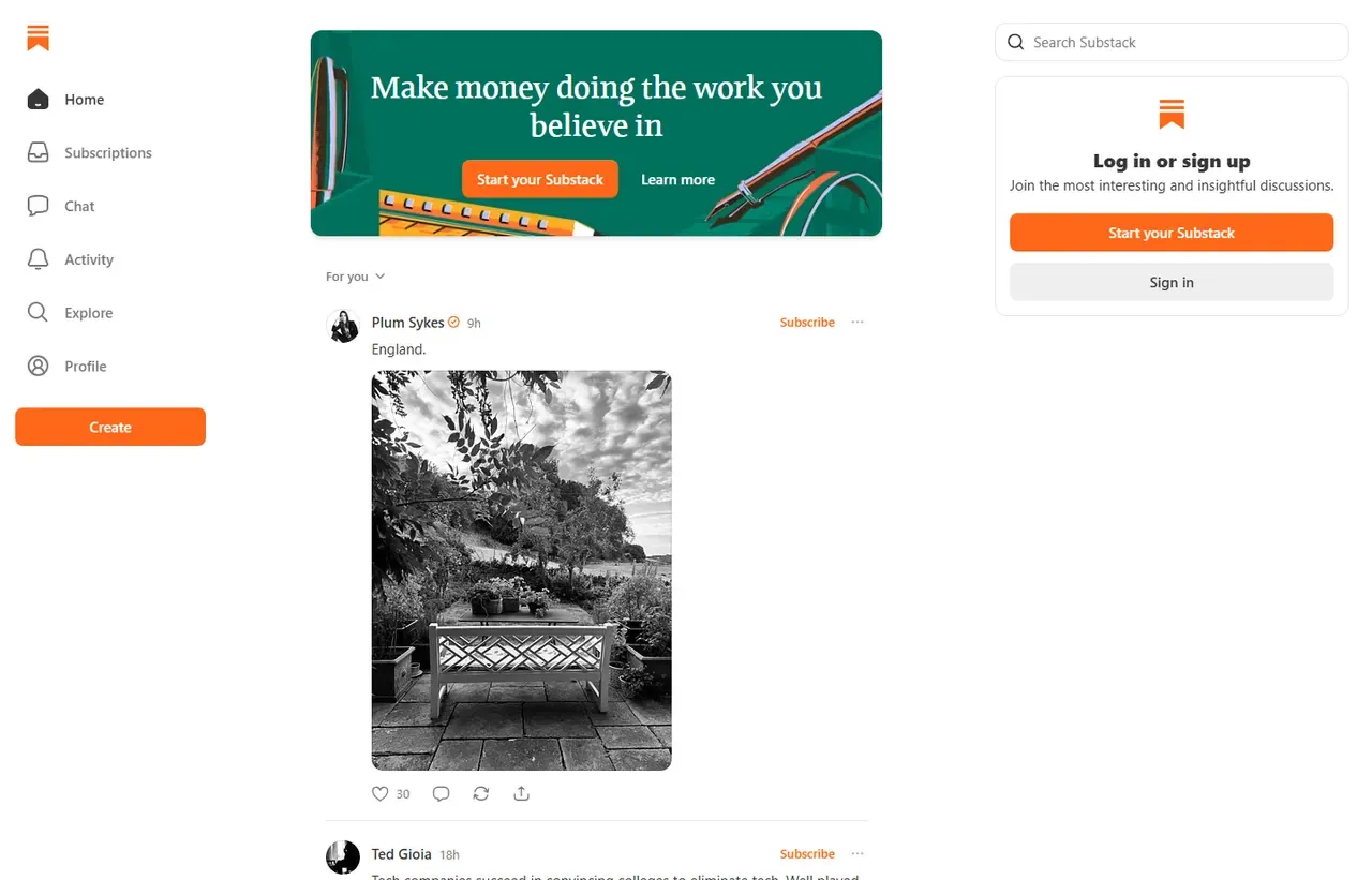 Substack homepage, showing how the product presents itself