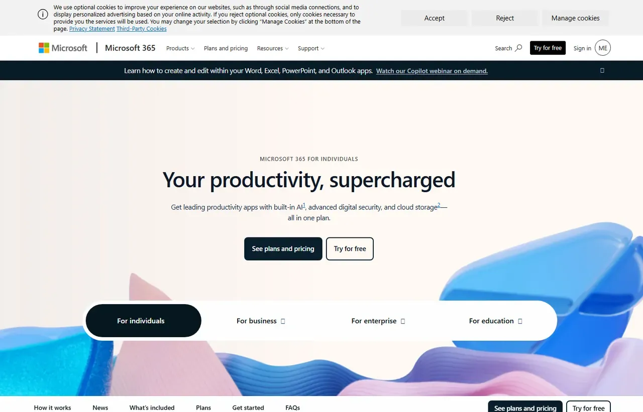 Microsoft 365 homepage, showing how the product presents itself