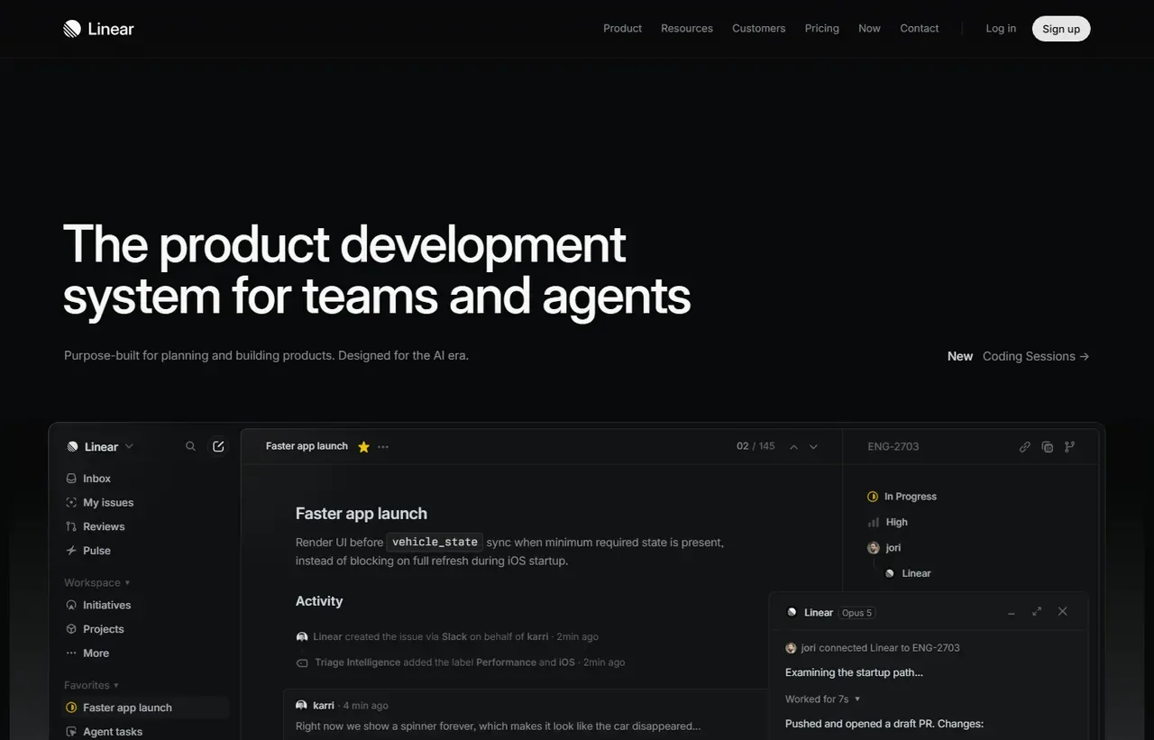 Linear homepage, showing how the product presents itself
