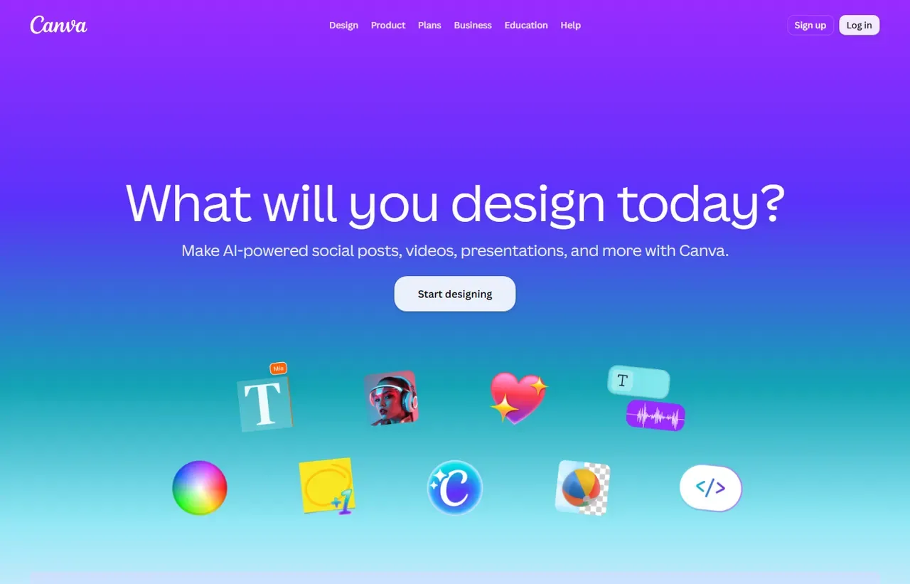 Canva homepage, showing how the product presents itself