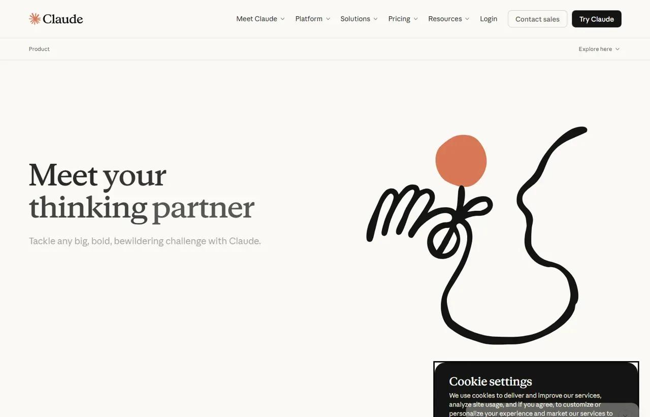 Claude homepage, showing how the product presents itself