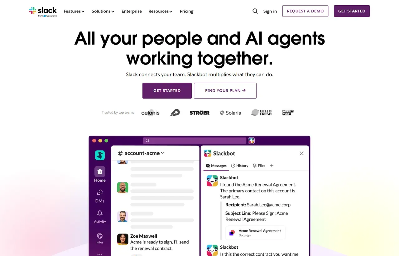 Slack homepage, showing how the product presents itself