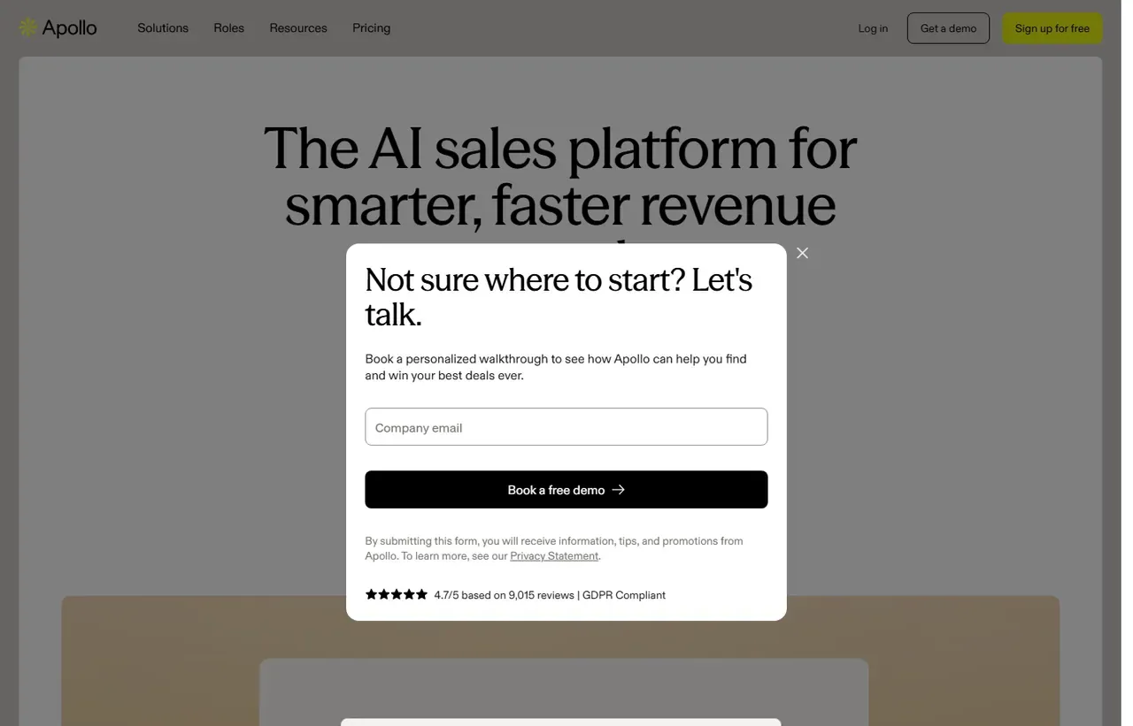 Apollo.io homepage, showing how the product presents itself