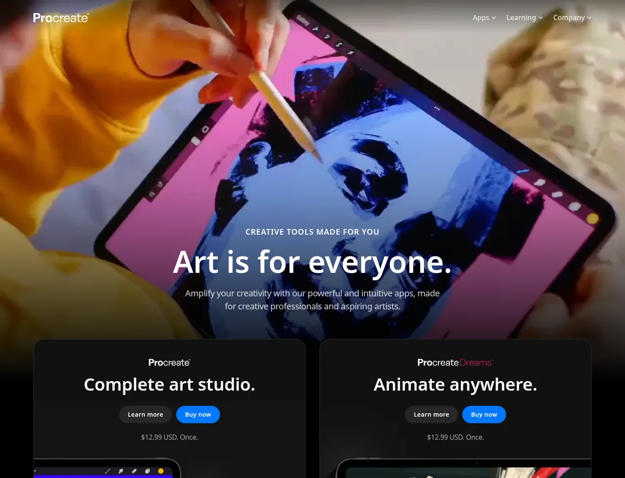 Procreate pricing page, showing the published plans and prices recorded on this page