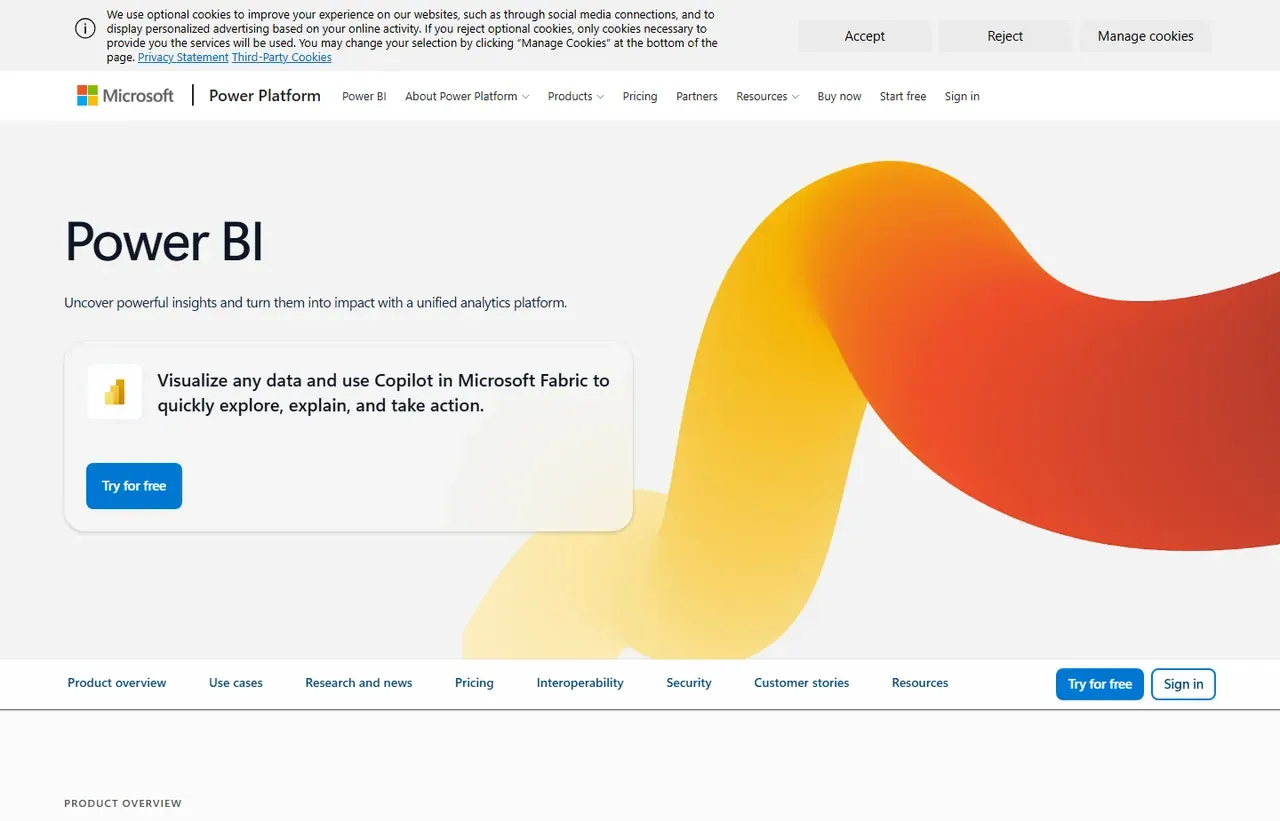 Microsoft Power BI homepage, showing how the product presents itself