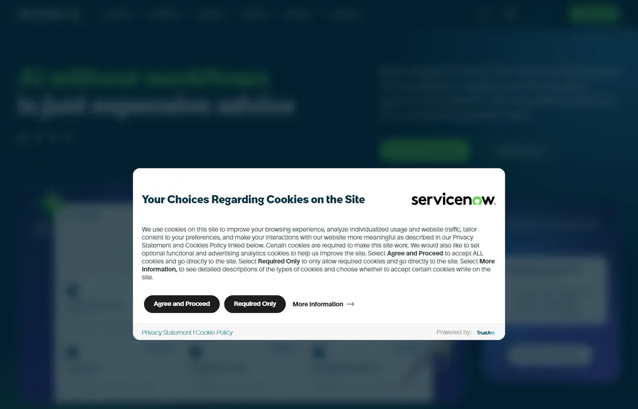 ServiceNow homepage, showing how the product presents itself