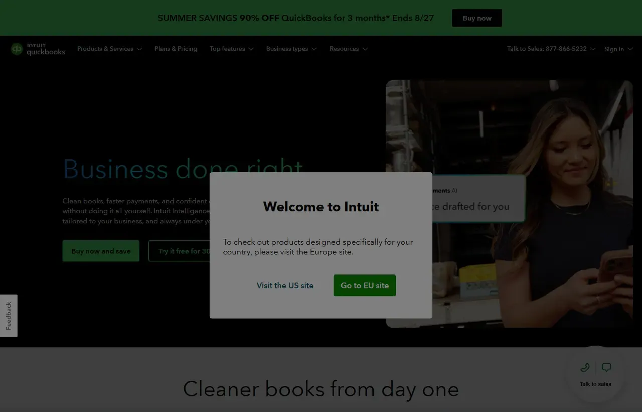 QuickBooks Online homepage, showing how the product presents itself