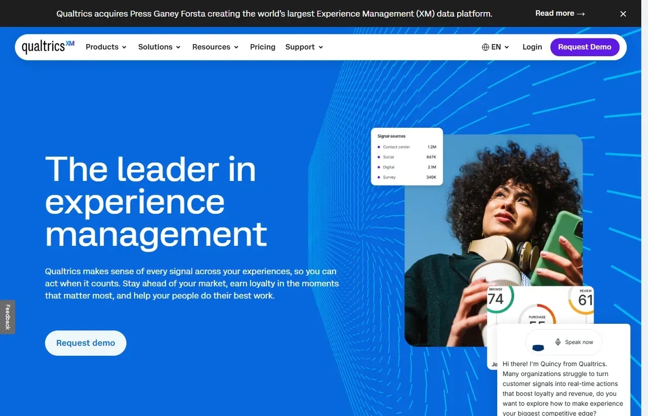 Qualtrics homepage, showing how the product presents itself