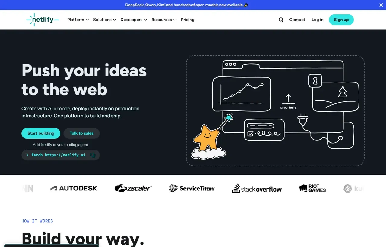 Netlify homepage, showing how the product presents itself