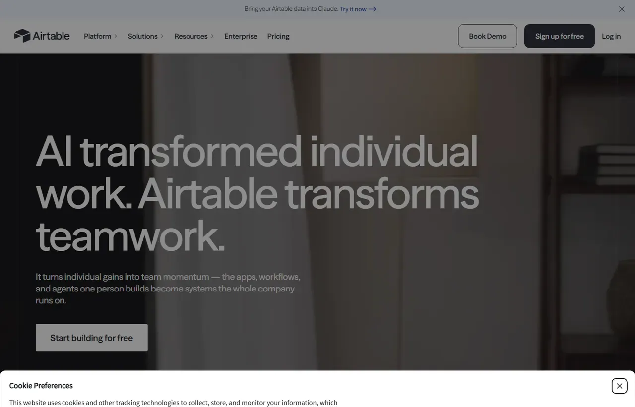 Airtable homepage, showing how the product presents itself