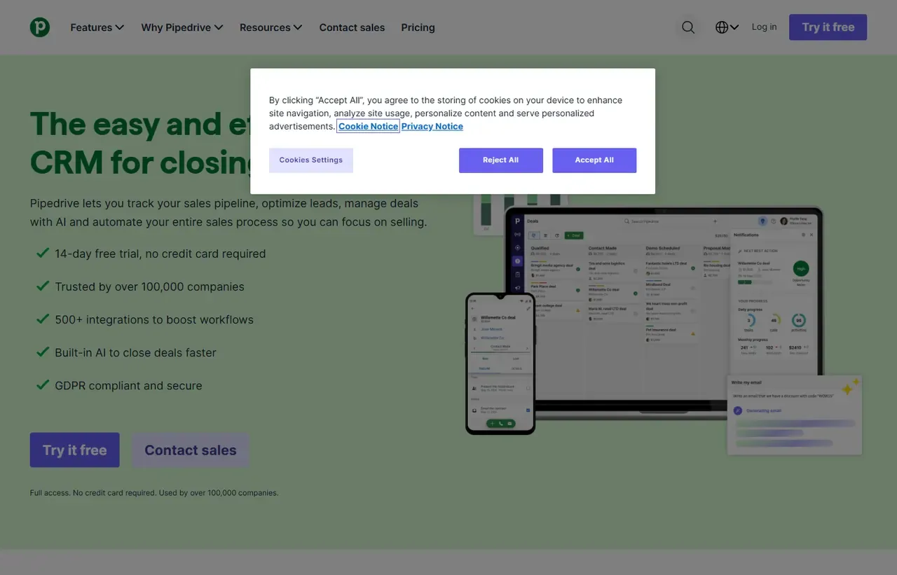 Pipedrive homepage, showing how the product presents itself