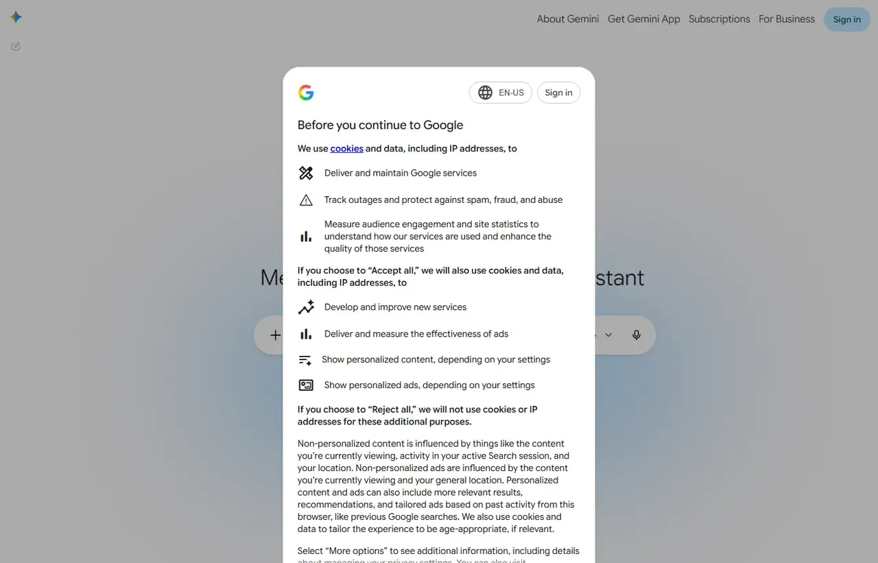 Google Gemini homepage, showing how the product presents itself